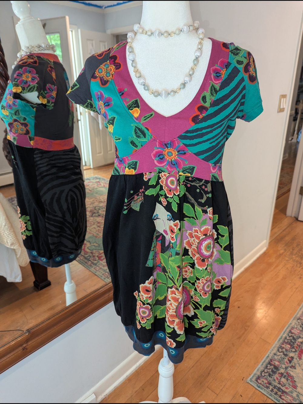 Desigual Famous Stretch Cotton Black Multicolor Floral V-Neck Mini Dress/Tunic